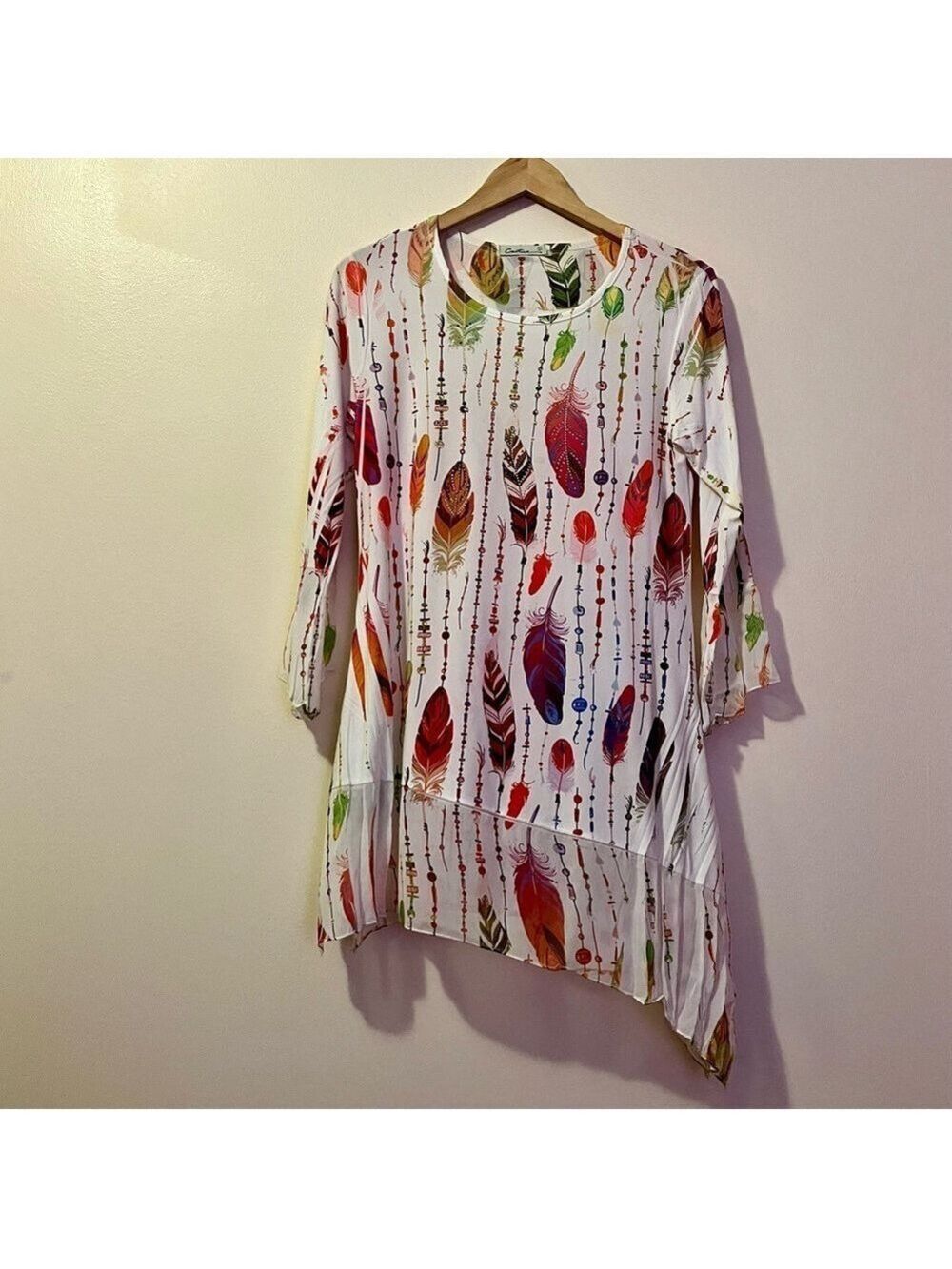 Cactus Feather Print Asymmetrical Tunic Top Boho Flowy Bell Sleeve S